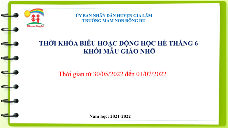 Thời khóa biểu hoạt động hè tháng 6 khối mẫu giáo nhỡ